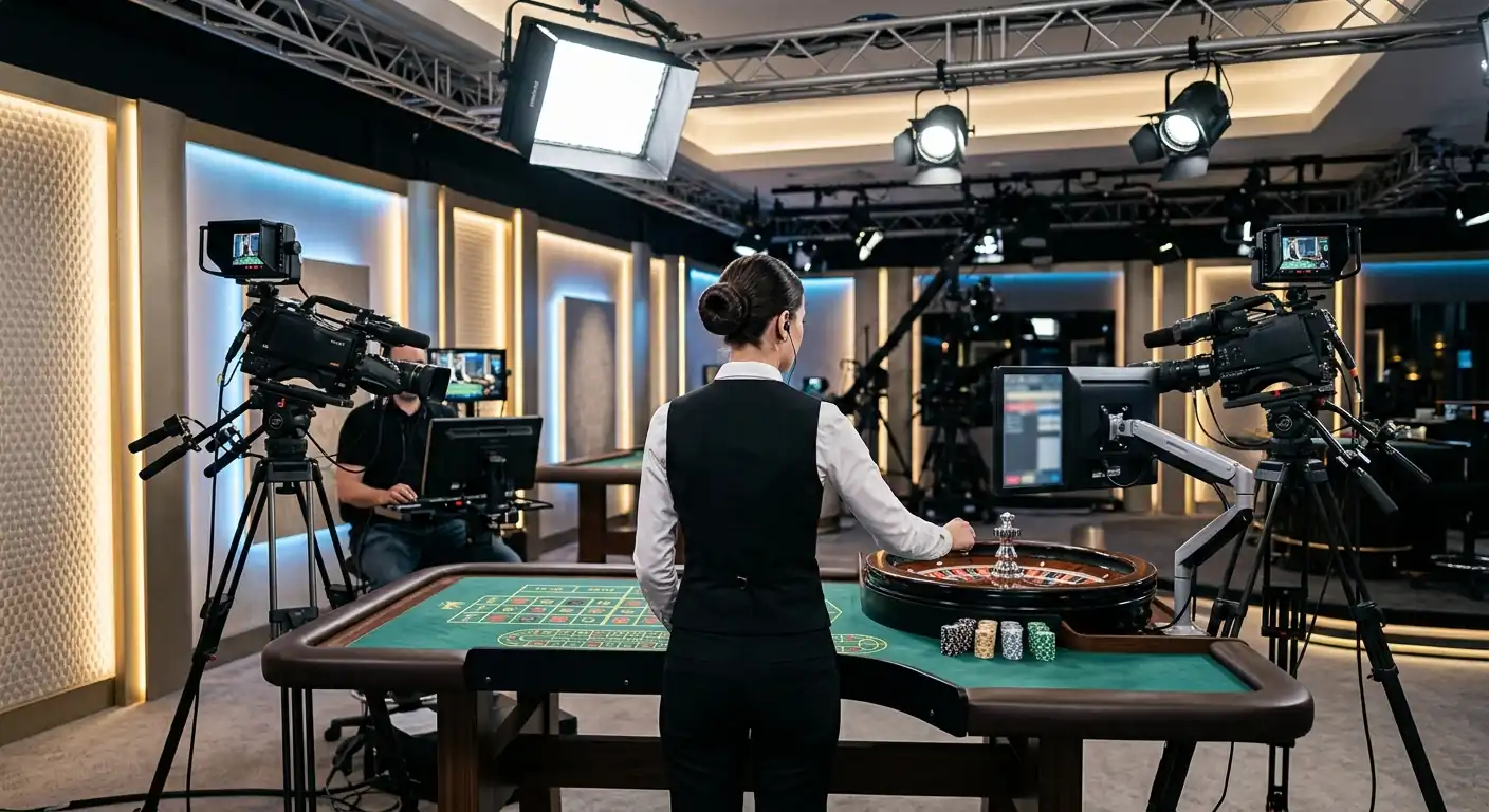 Live-Casino-Studio mit Roulette-Tisch und professionellem Dealer von hinten