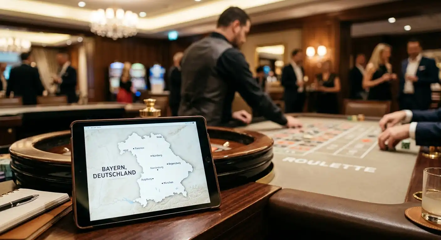 Roulette-Tisch und Tablet mit Bayern-Karte zur Darstellung des regionalen Angebots