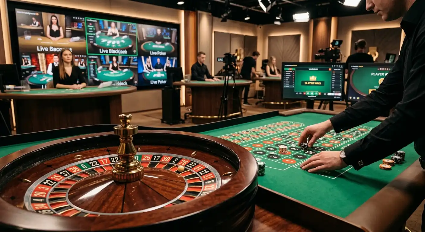 Live-Dealer-Tisch mit Roulette-Rad, mehrere Bildschirme im Hintergrund, professionelles Casino-Studio