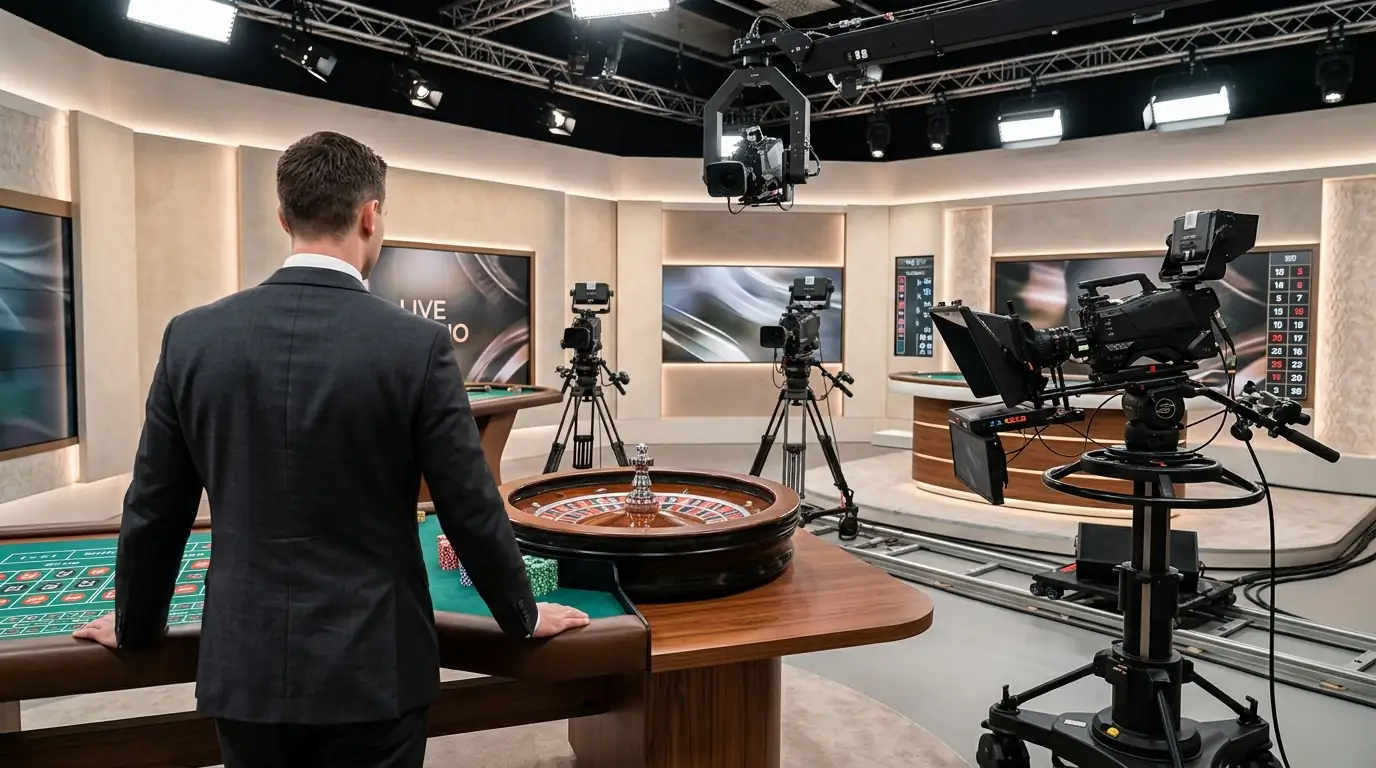 Live-Casino-Studio mit Roulette-Tisch und professionellem Croupier