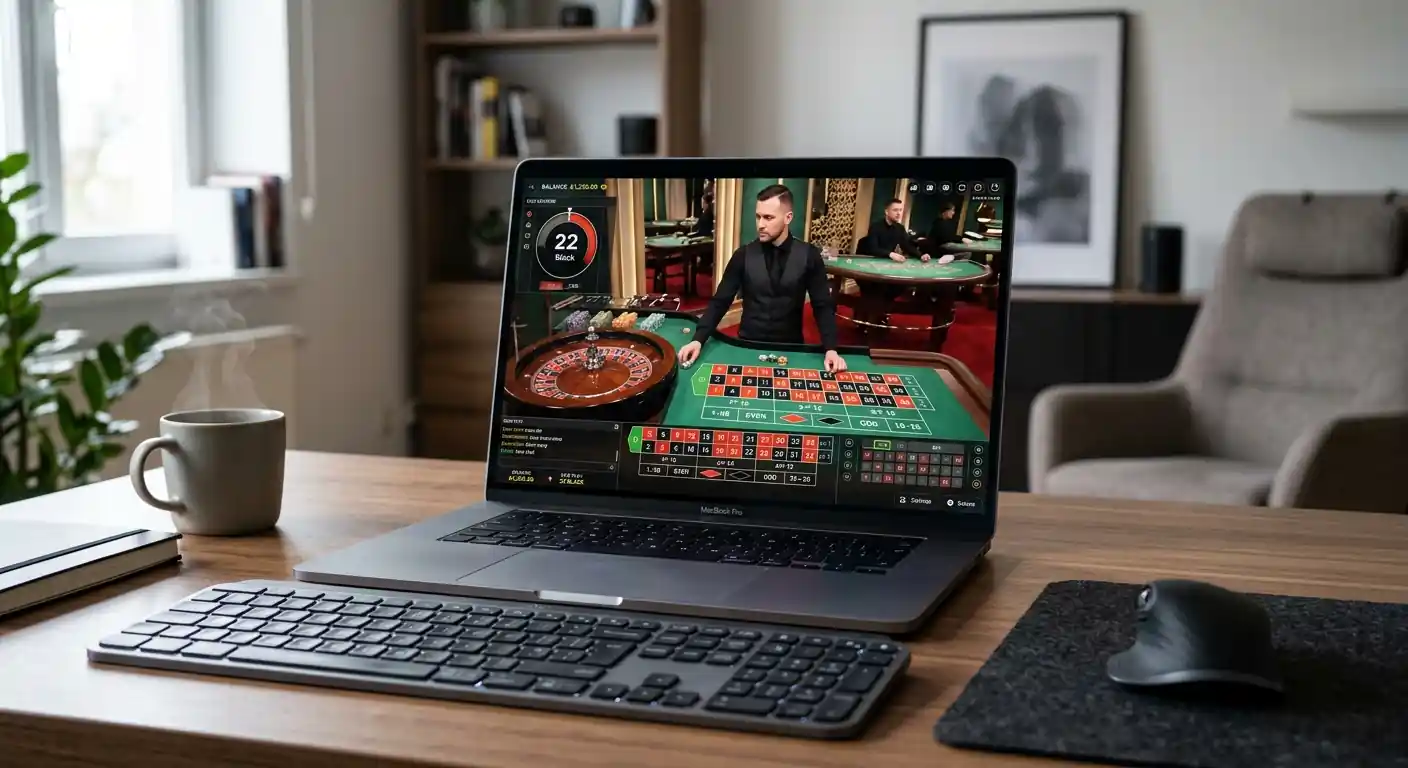 Laptop-Bildschirm mit Live-Roulette-Stream und Chat-Fenster