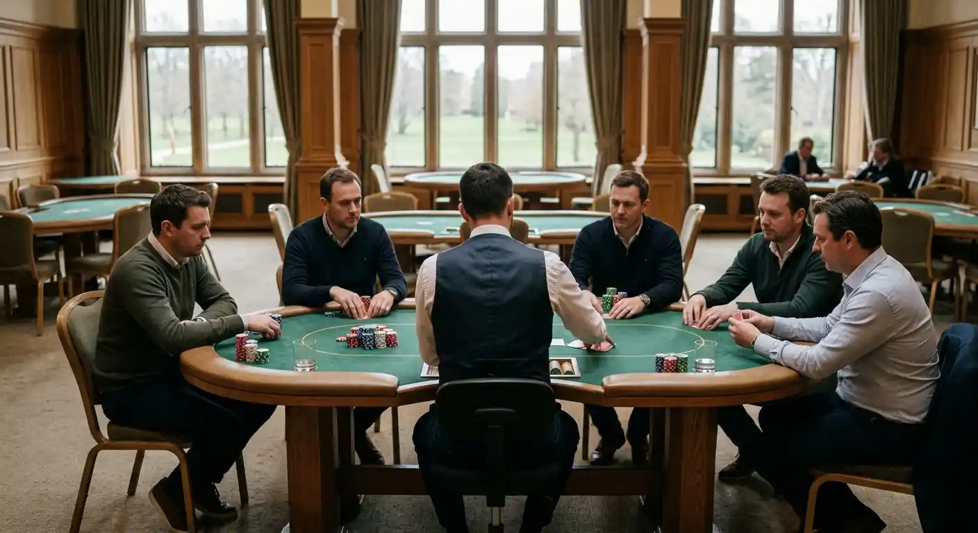 Stille Aufnahme eines Poker-Tisches in einer Spielbank mit Dealer und neutralen Chips, Tageslicht