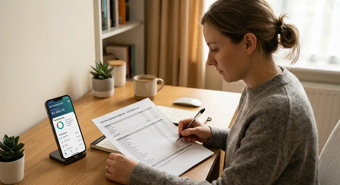 Person prüft am Laptop eine monatliche Kontoübersicht mit Notizblock und Stift