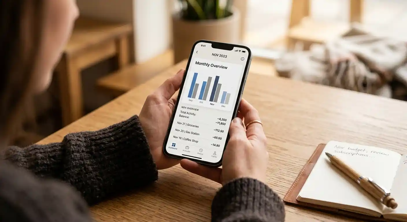 Person hält ein Smartphone mit neutraler Banking-Übersicht neben Notizbuch