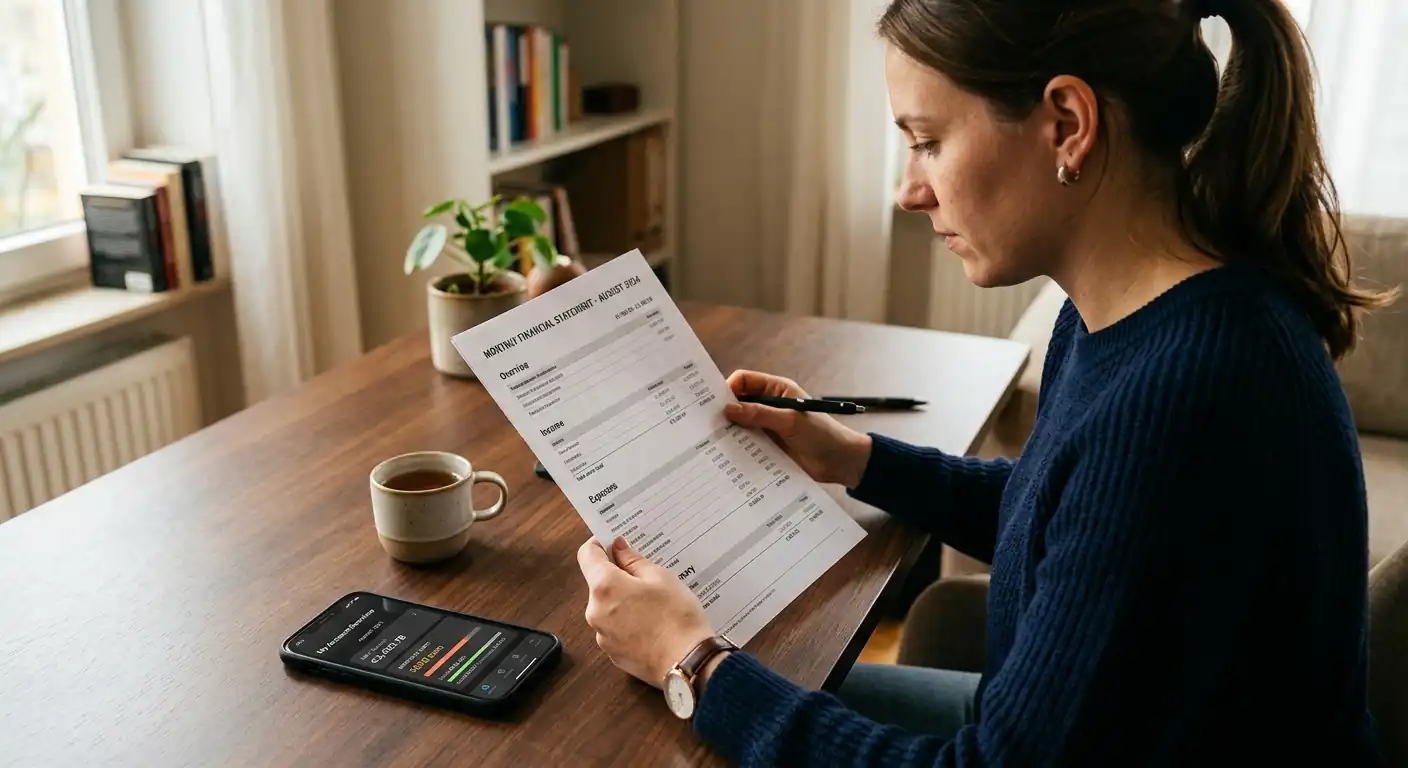 Person prüft monatliches Finanzstatement mit Smartphone und 1000-Euro-Limitanzeige