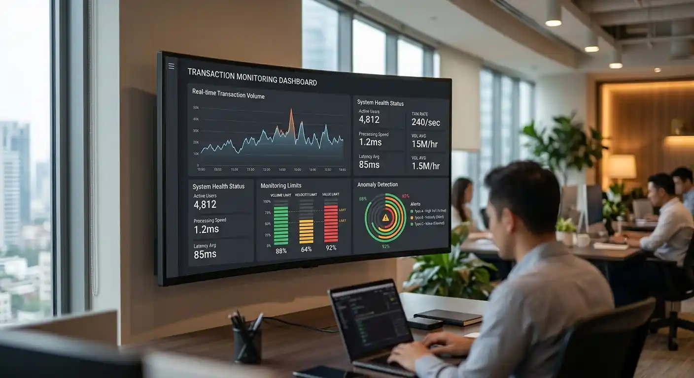 Monitor zeigt abstraktes Dashboard mit Transaktionsgraphen und Limit-Indikatoren