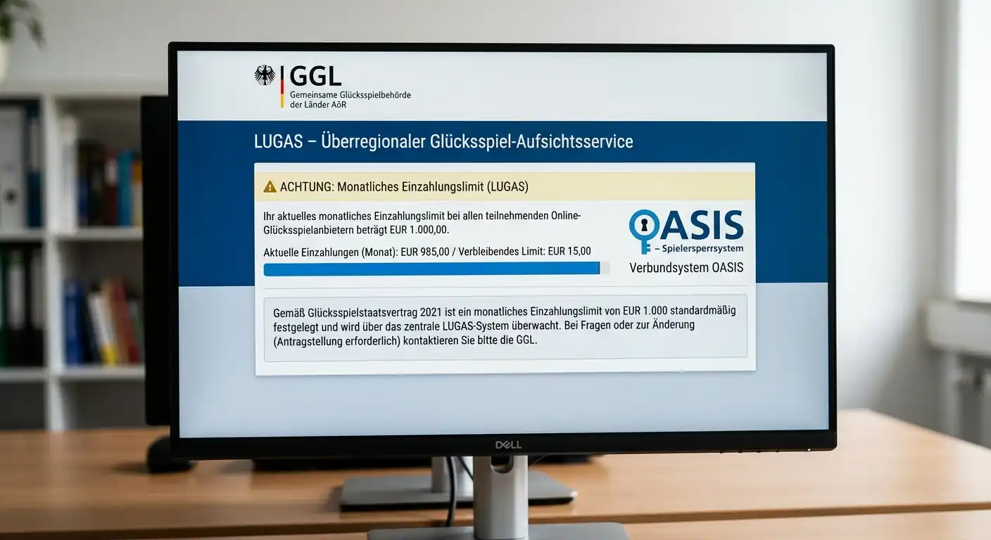 Digitale Anzeige mit LUGAS-Einzahlungslimit-Warnung und OASIS-Logo auf Bildschirm