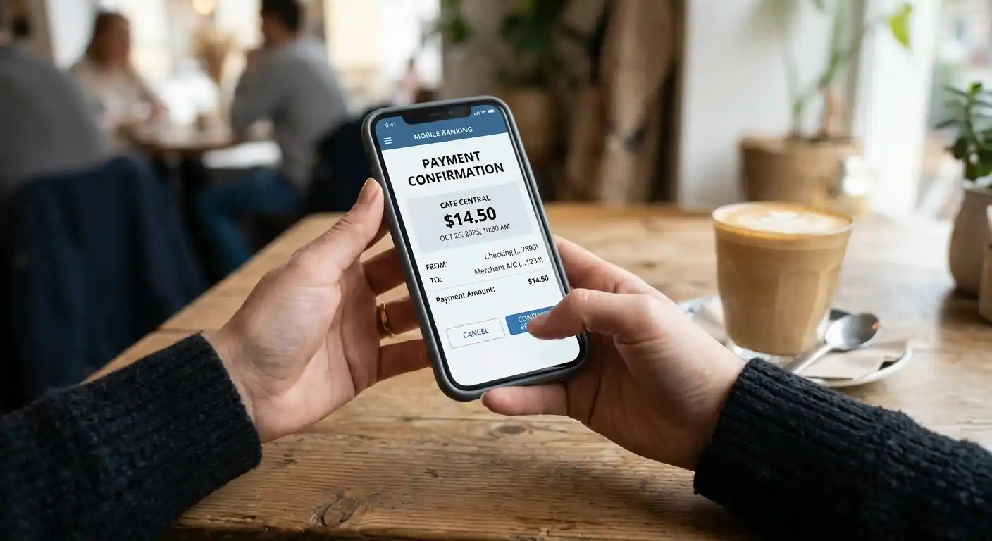 Smartphone mit Banking-App und Zahlungsbestätigung auf dem Display