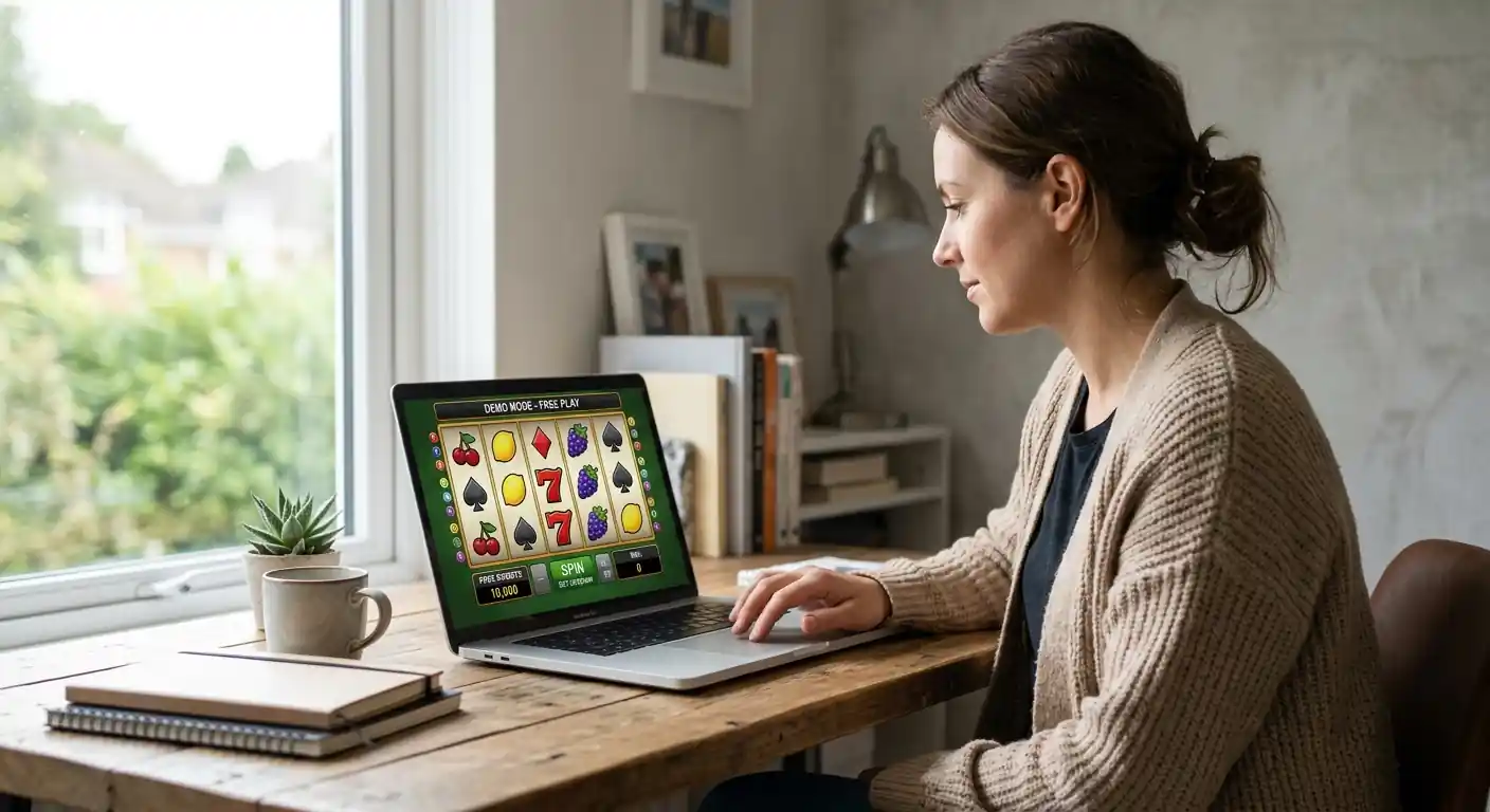 Person am Laptop testet Merkur-Spielautomaten im Demomodus