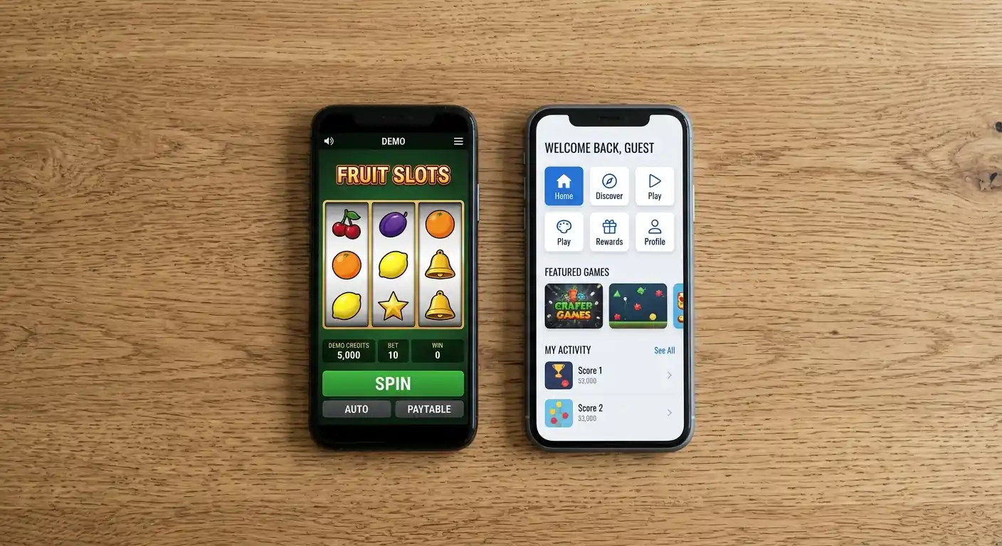 Zwei Smartphones nebeneinander auf einem Tisch, eines zeigt ein Demo-Spiel, das andere eine App-Startseite