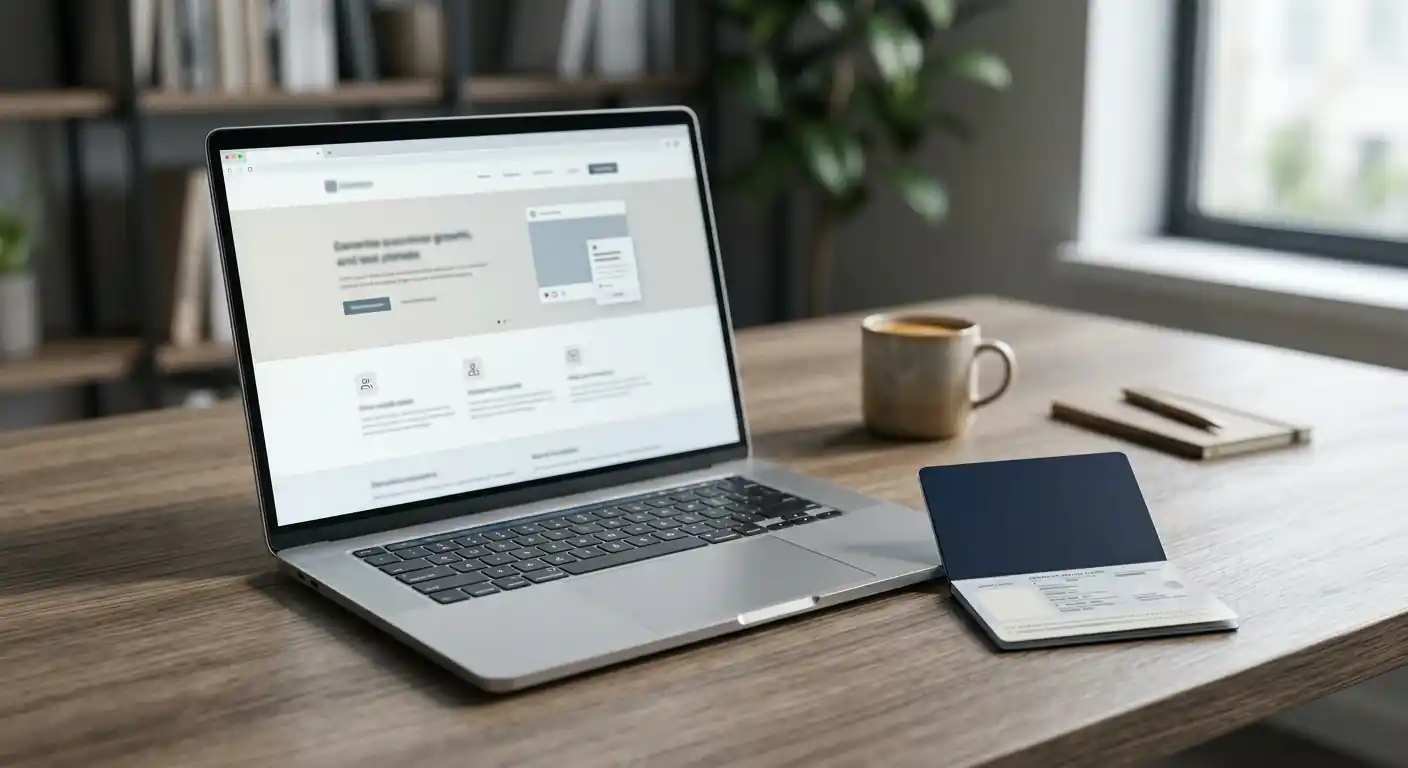 Laptop mit einer vertrauenswürdig wirkenden neutralen Webseite, daneben ein generisches Ausweisdokument ohne Wappen