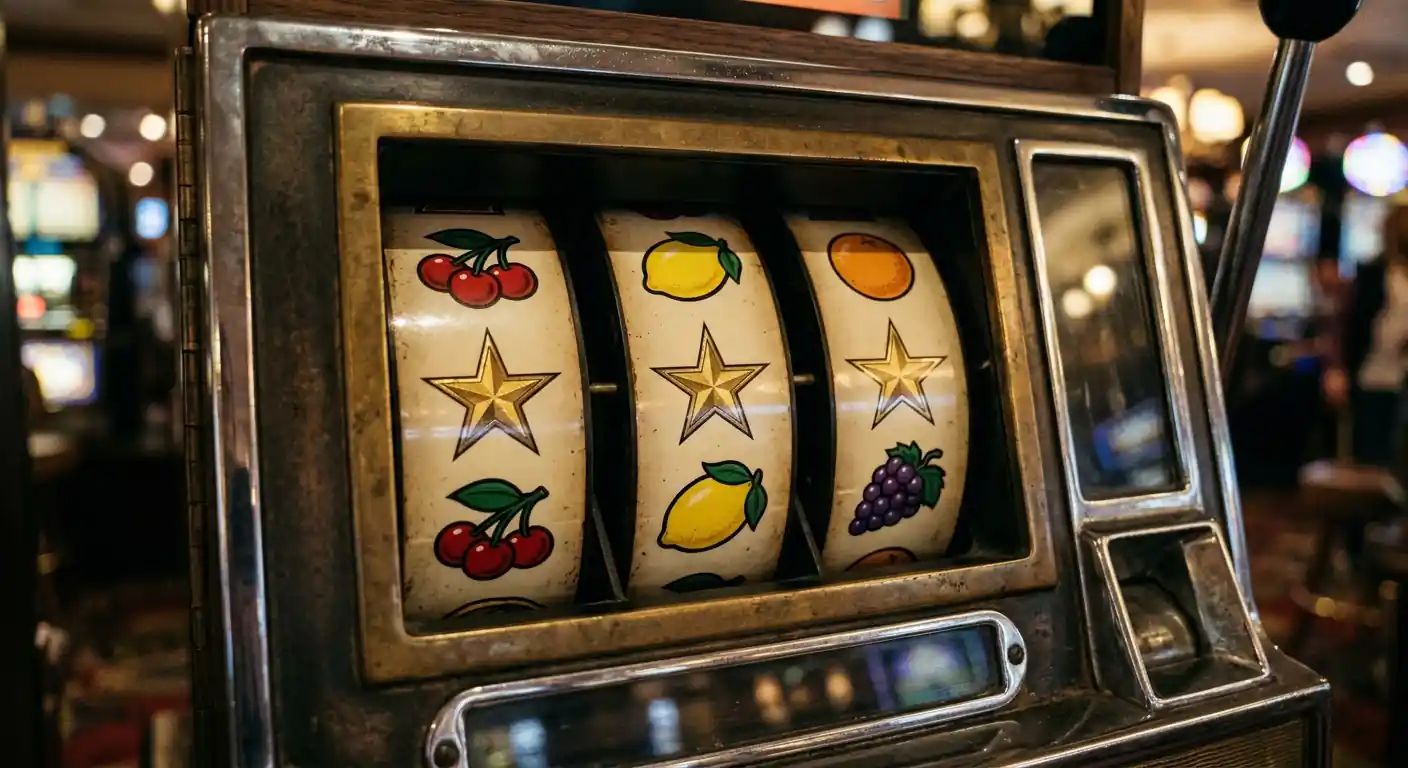 Klassische Merkur-Spielautomaten-Walzen mit symbolischen Früchten und Sternen