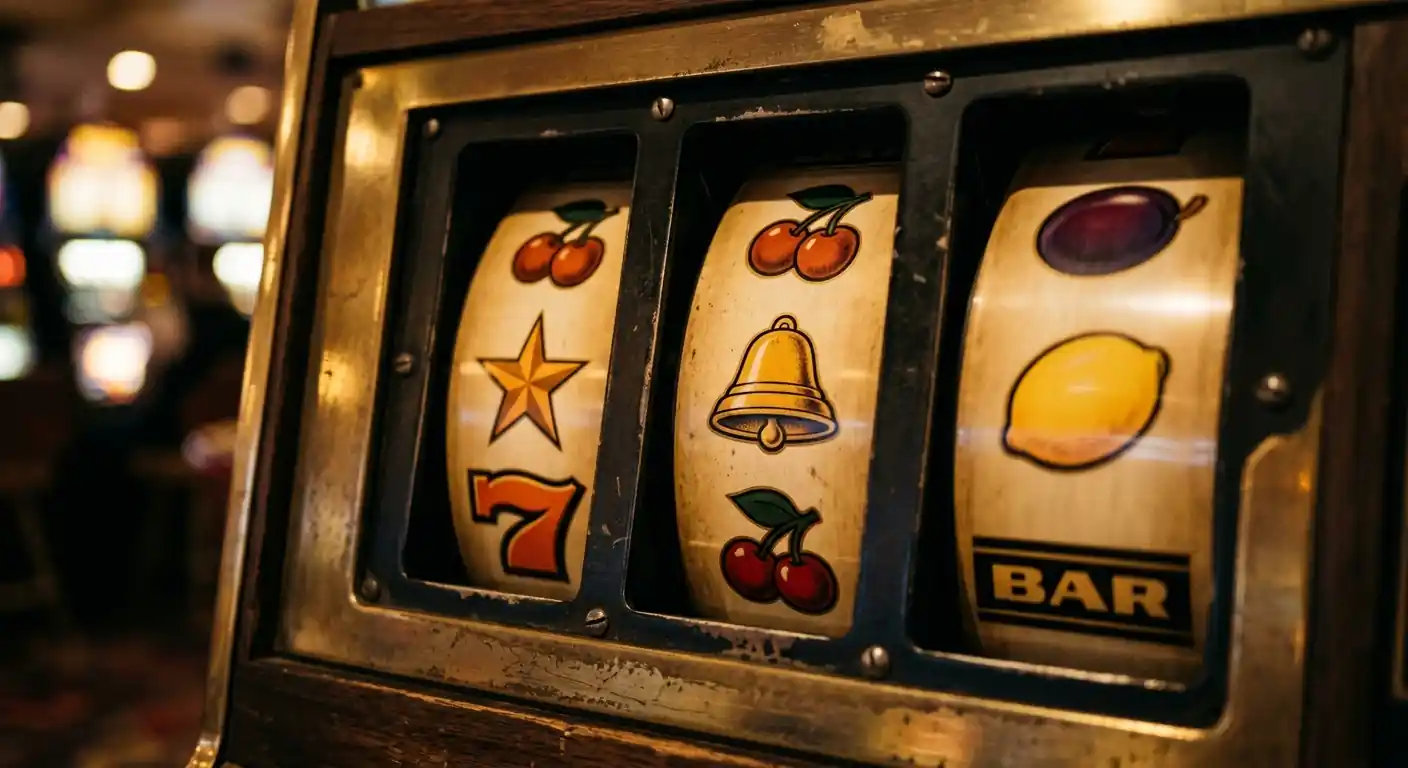 Nahaufnahme abstrakter Spielautomaten-Walzen mit generischen Symbolen wie Früchten und Sternen