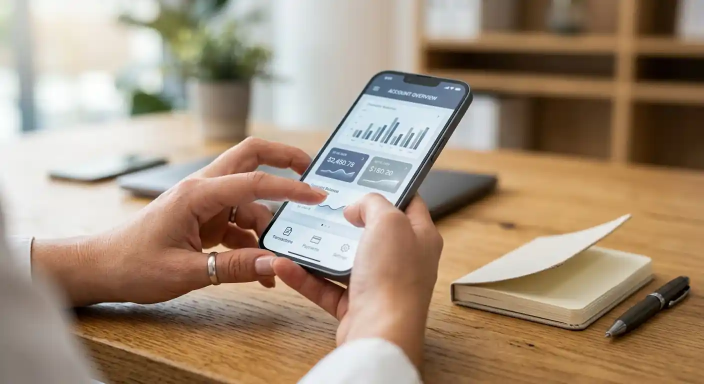 Hände halten ein Smartphone mit einer neutralen Banking-Oberfläche neben einem Notizblock