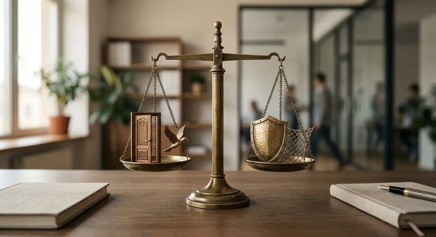 Waage mit Freiheit und Schutz symbolisch dargestellt