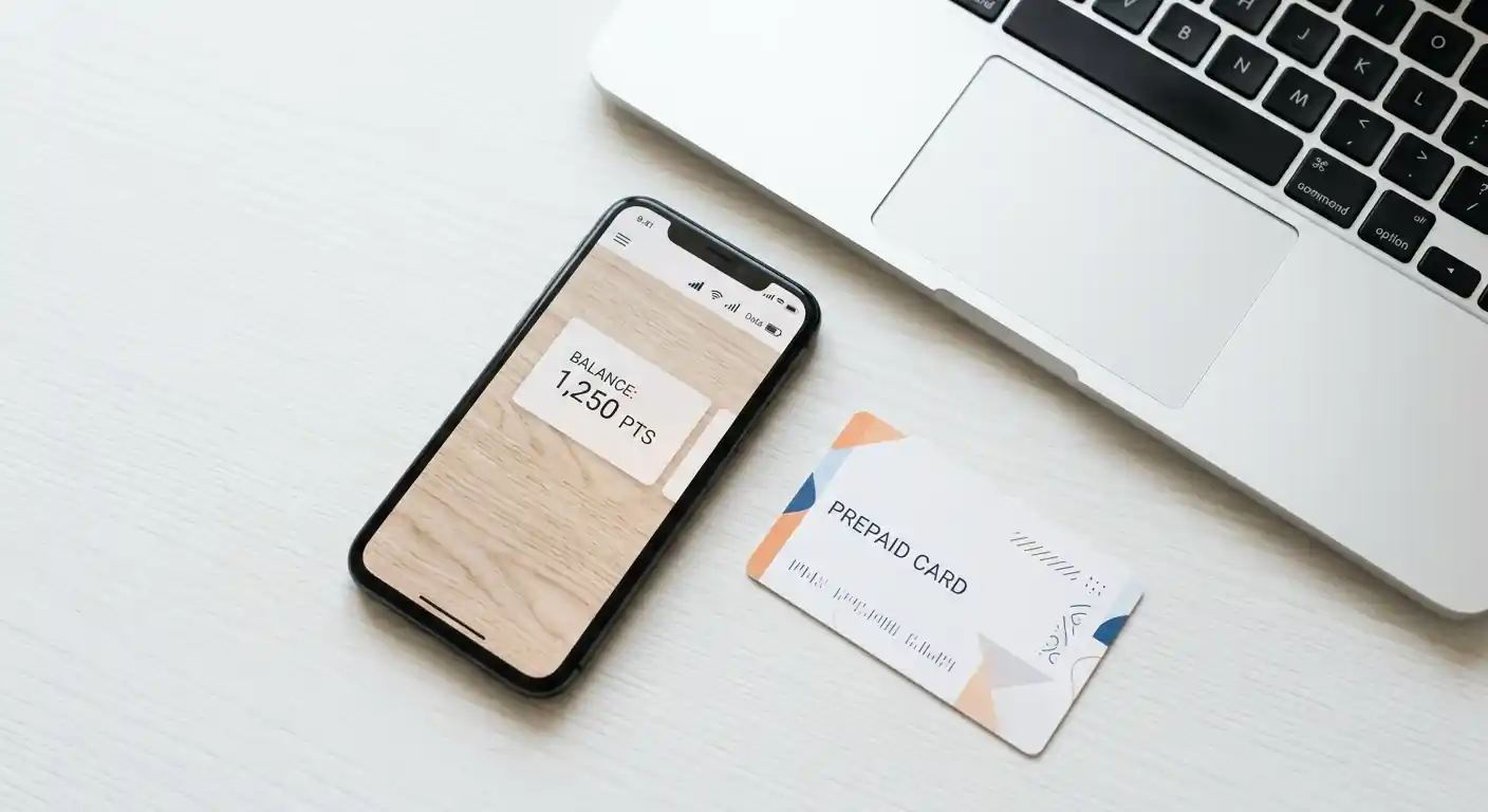 Schreibtisch mit Smartphone und Laptop, auf dem Bildschirm verschiedene Zahlungssymbole ohne Logos