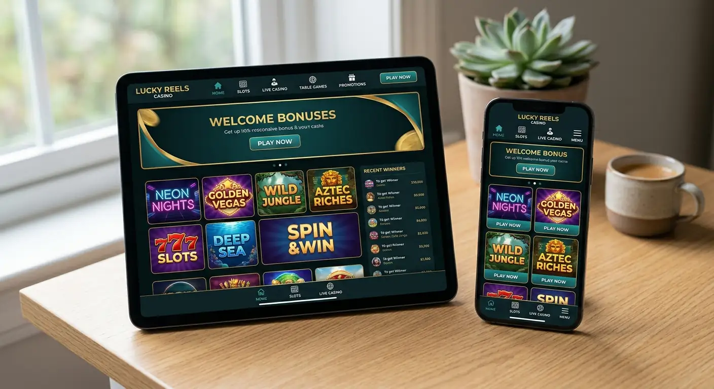 Smartphone und Tablet nebeneinander mit BNB-Casino-Oberfläche auf beiden Bildschirmen, responsive Design sichtbar
