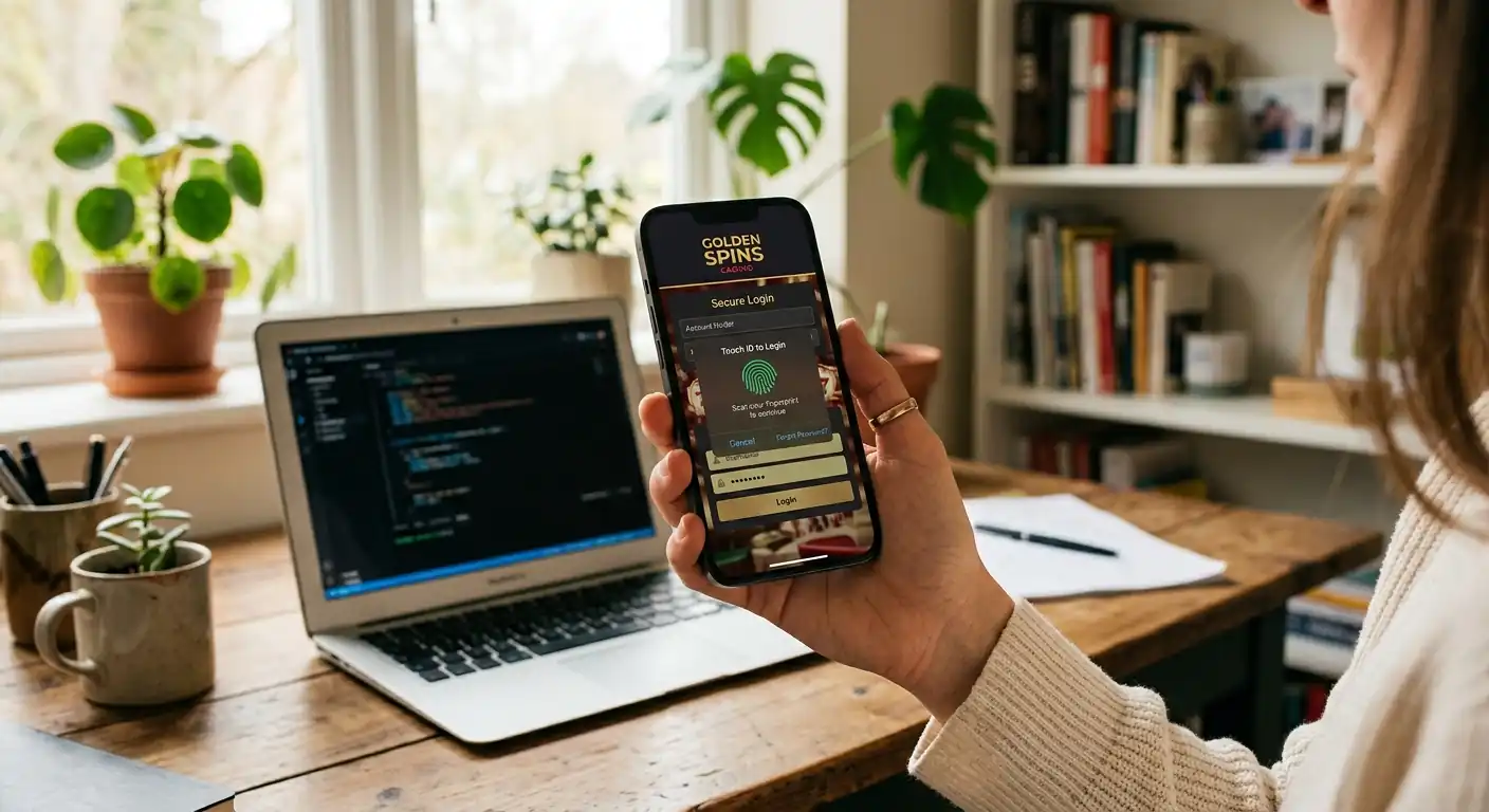 Hand hält Smartphone mit geöffneter Casino-App, im Hintergrund verschwommener Laptop auf Schreibtisch