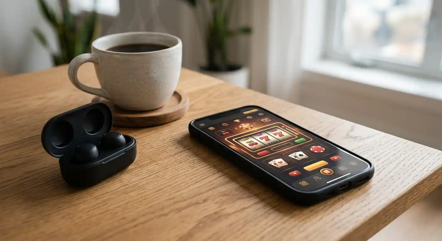 Smartphone mit Casino-Interface auf dem Display neben Kopfhörern und Kaffeetasse