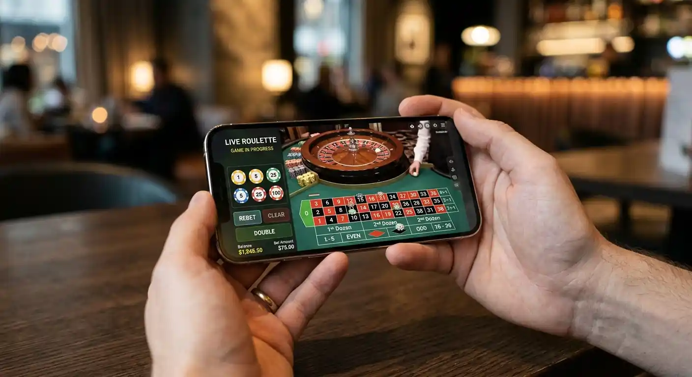 Smartphone mit Live-Casino-App und Roulette-Spiel
