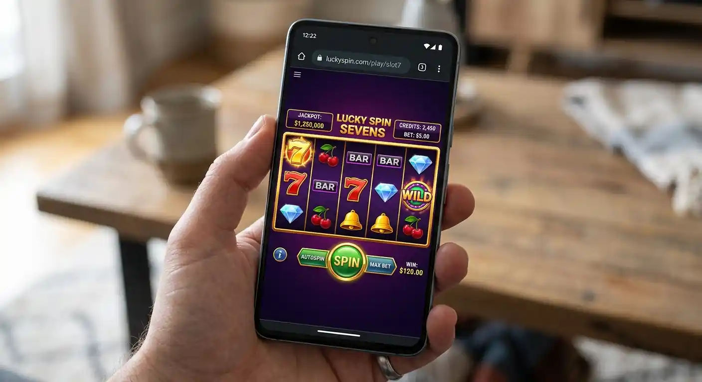 Smartphone mit geöffnetem Spielautomaten im mobilen Browser ohne App-Download