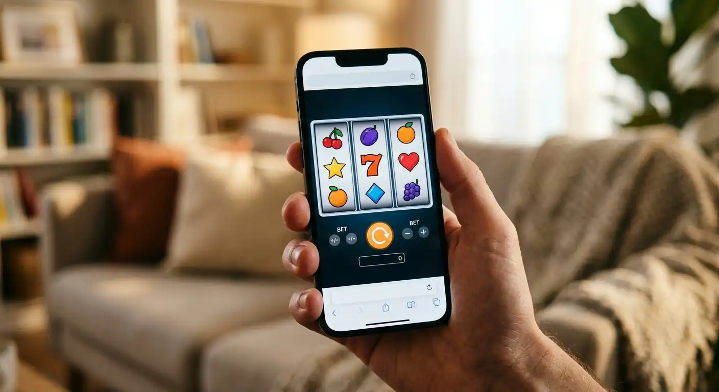 Smartphone zeigt neutrale Spielautomaten im mobilen Browser ohne installierte App