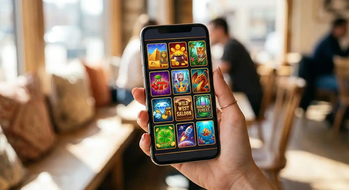 Smartphone zeigt optimierte Casino-Oberfläche mit Spielautomaten-Auswahl