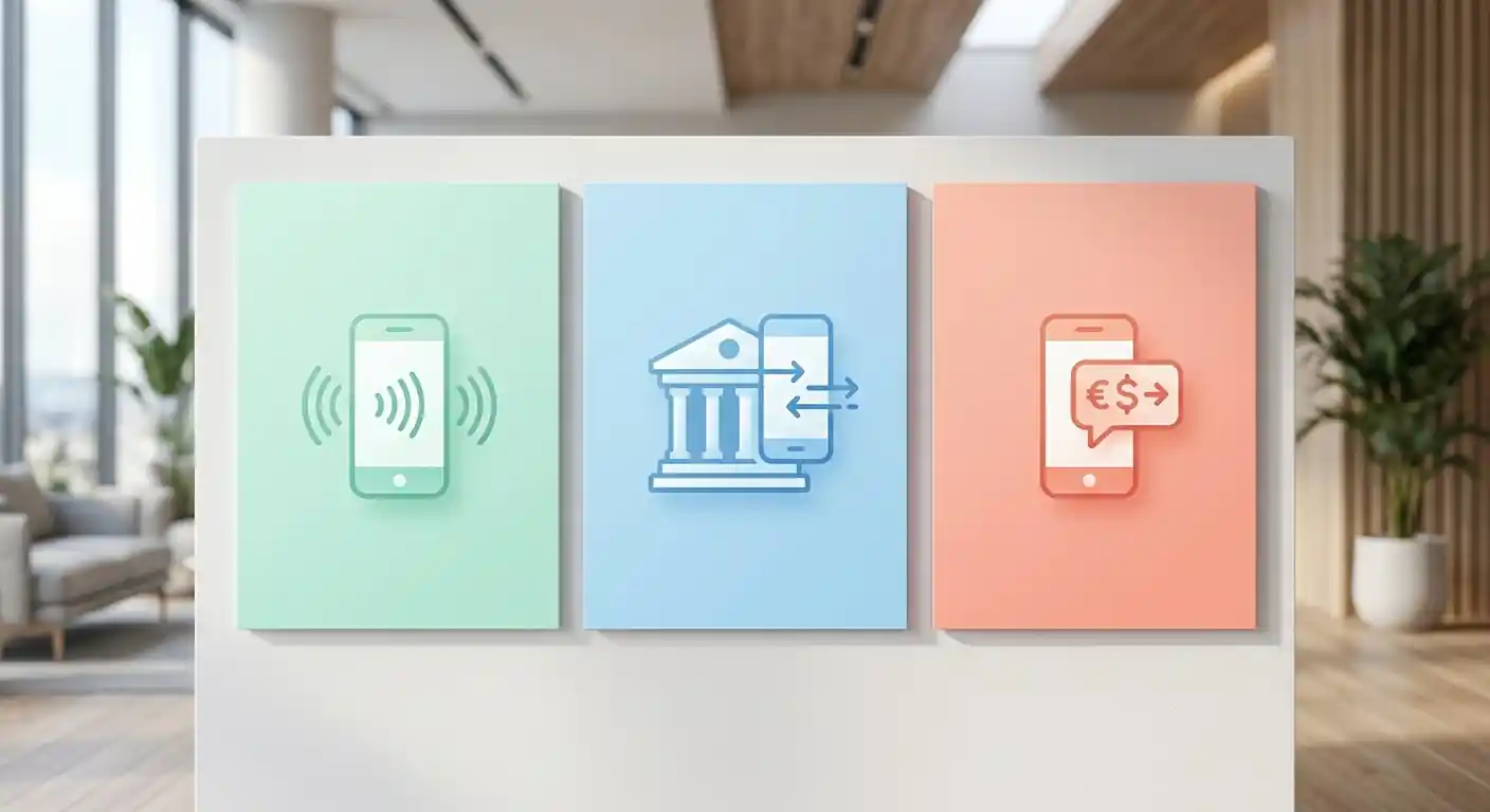 Infografik mit drei mobilen Zahlungskategorien: NFC-Wallet, Open Banking und SMS-Zahlung