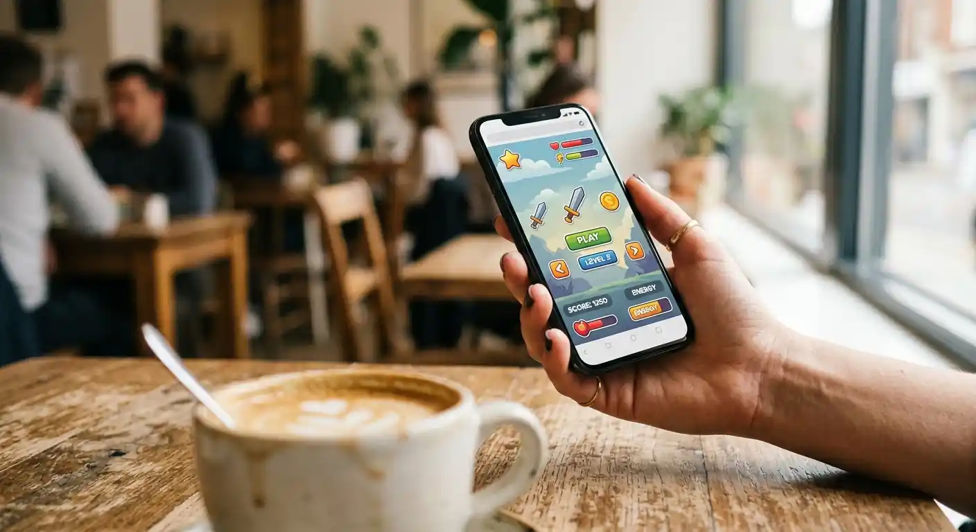 Smartphone in einer Hand mit neutraler Spieloberfläche im Browser, Kaffeebecher im Hintergrund