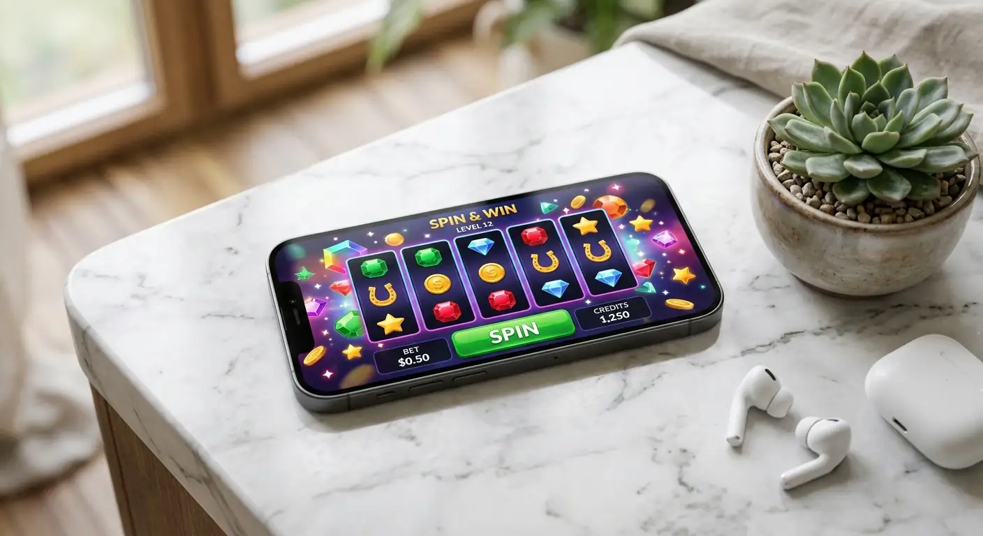 Smartphone auf Marmoroberfläche mit generischer Spielautomaten-App neben Sukkulente und Earbuds