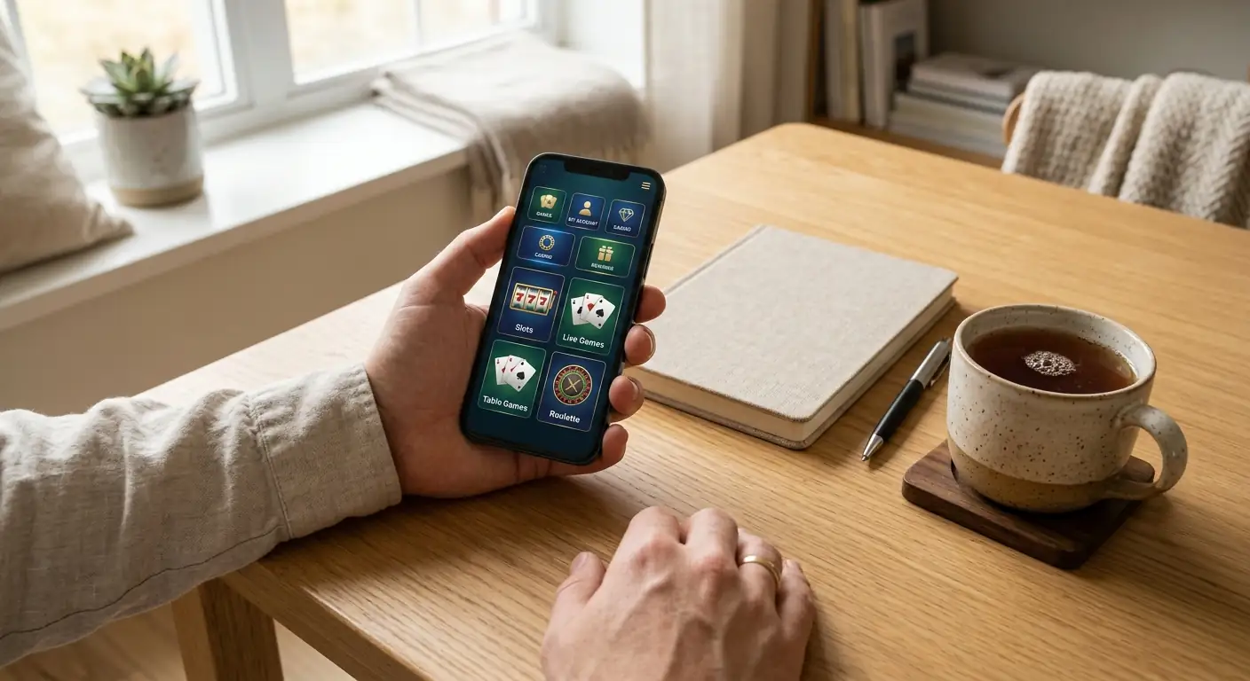 Smartphone in einer Hand mit einer generischen Casino-Oberfläche ohne Marken, daneben ein Notizbuch