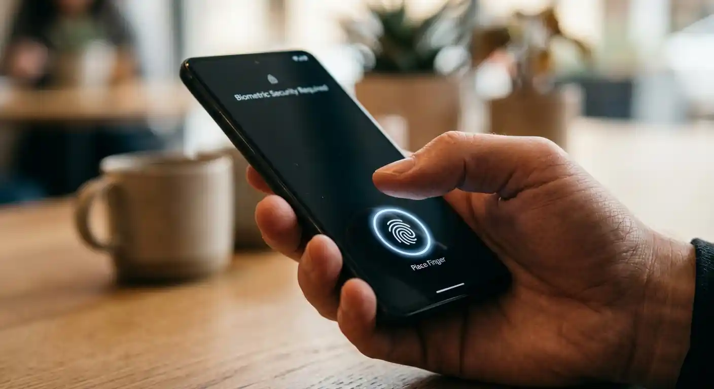 Nahaufnahme einer Hand, die ein Smartphone mit biometrischer Authentifizierung entsperrt