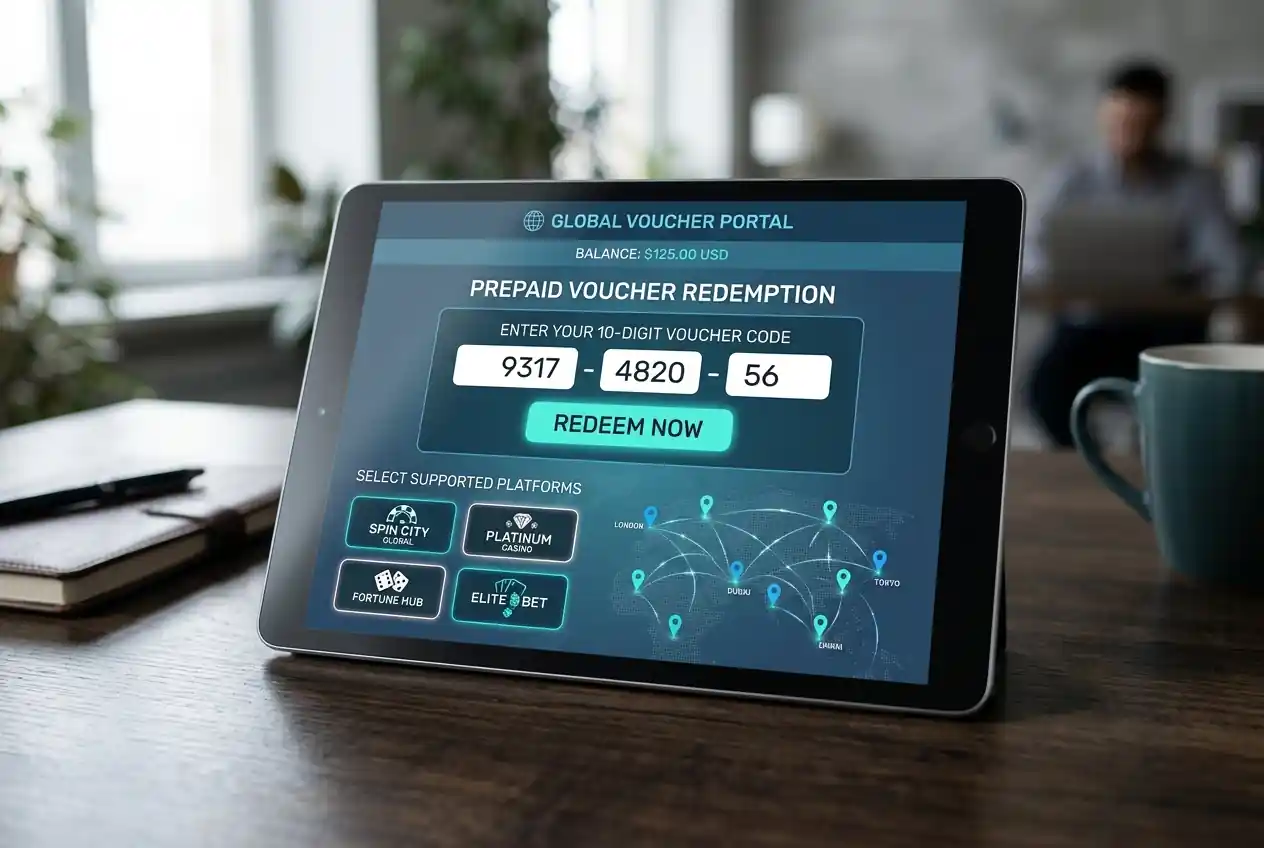 Neosurf-Voucher-Code auf Tablet mit internationalen Casino-Logos im Hintergrund