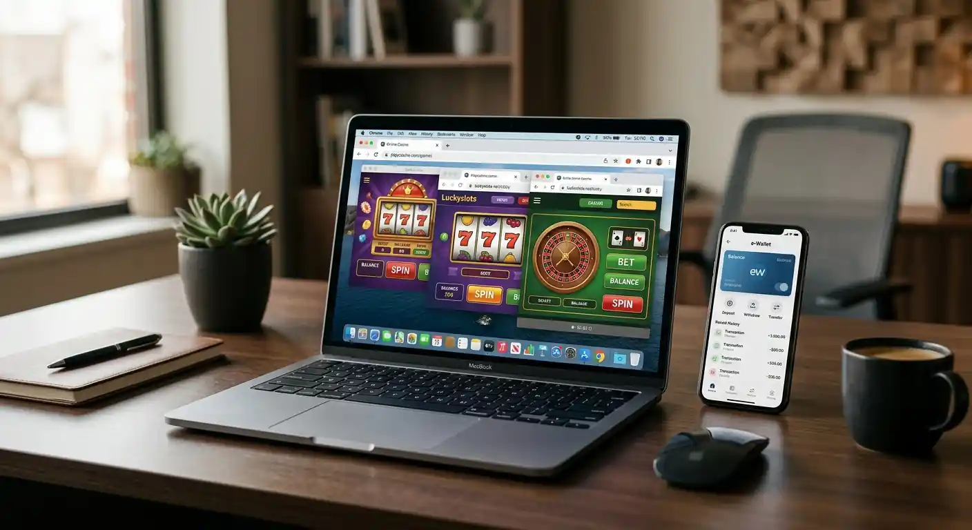 Laptop mit geöffneten Casino-Websites und Neteller-Wallet-Interface auf dem Bildschirm