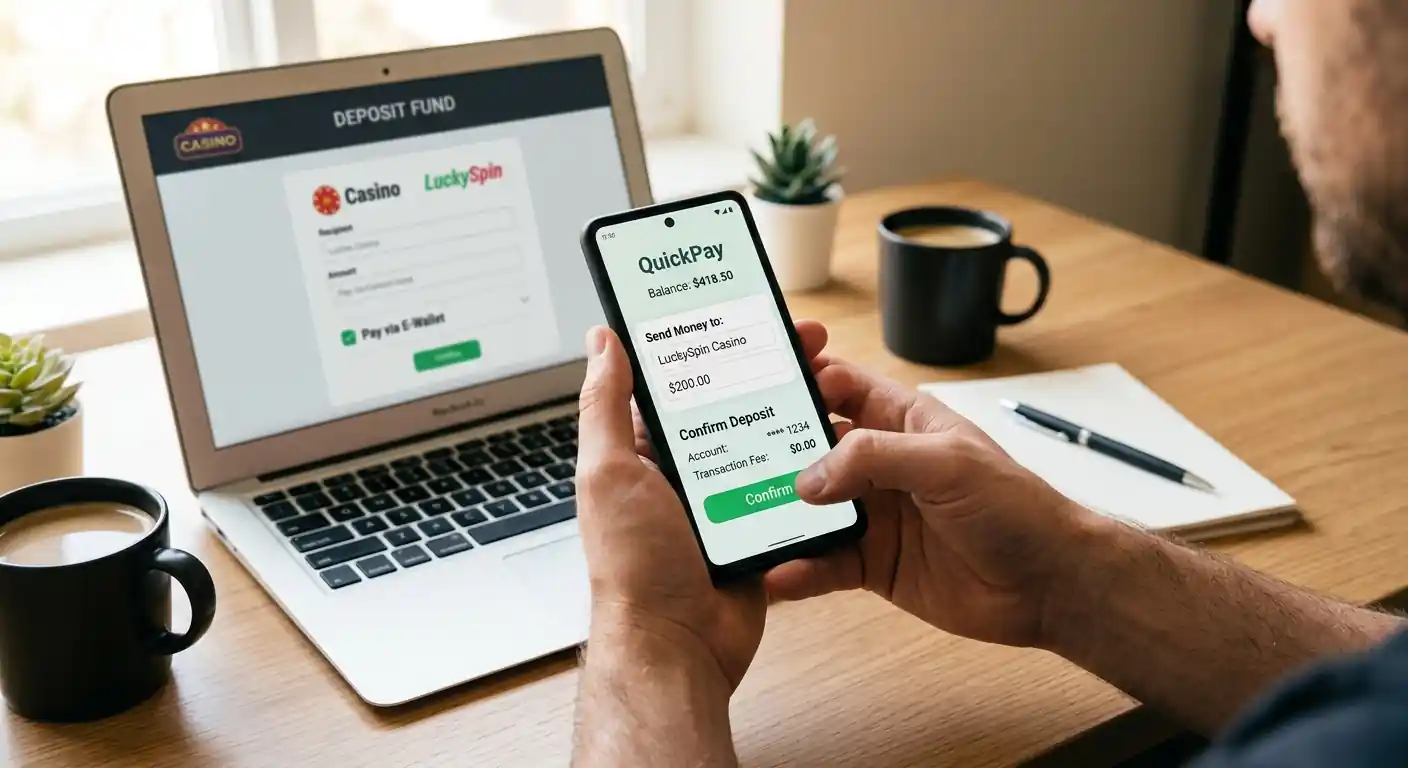 Person am Schreibtisch mit Smartphone zeigt Neteller-App während Laptop Casino-Einzahlungsseite anzeigt