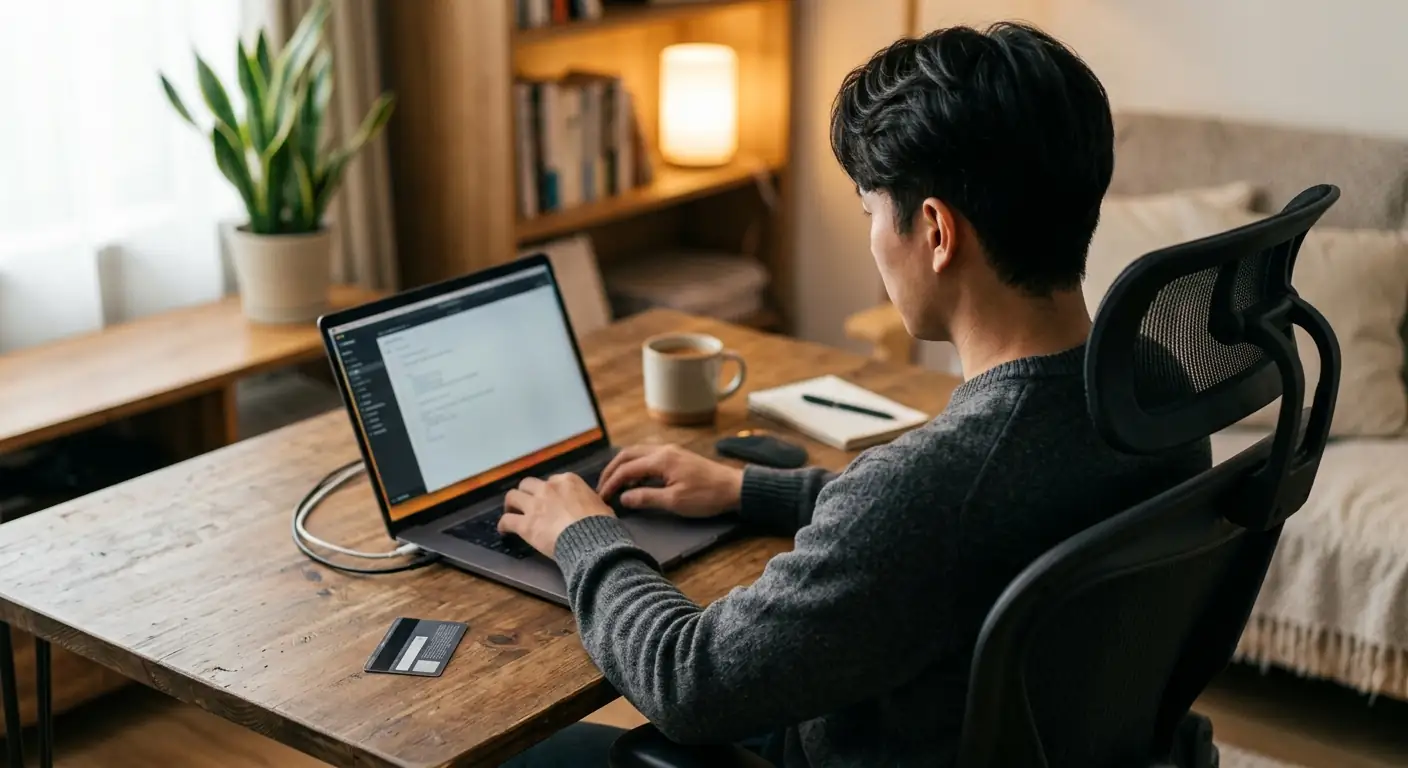 Person am Laptop bei der Online-Kontoerstellung mit Ausweis daneben