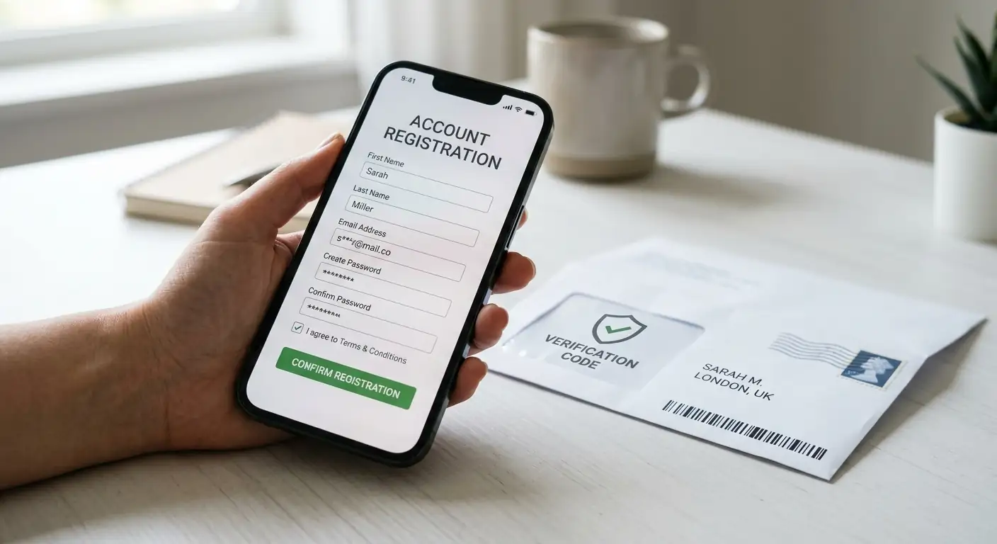 Smartphone mit Casino-Registrierungsformular und Bestätigungsmail