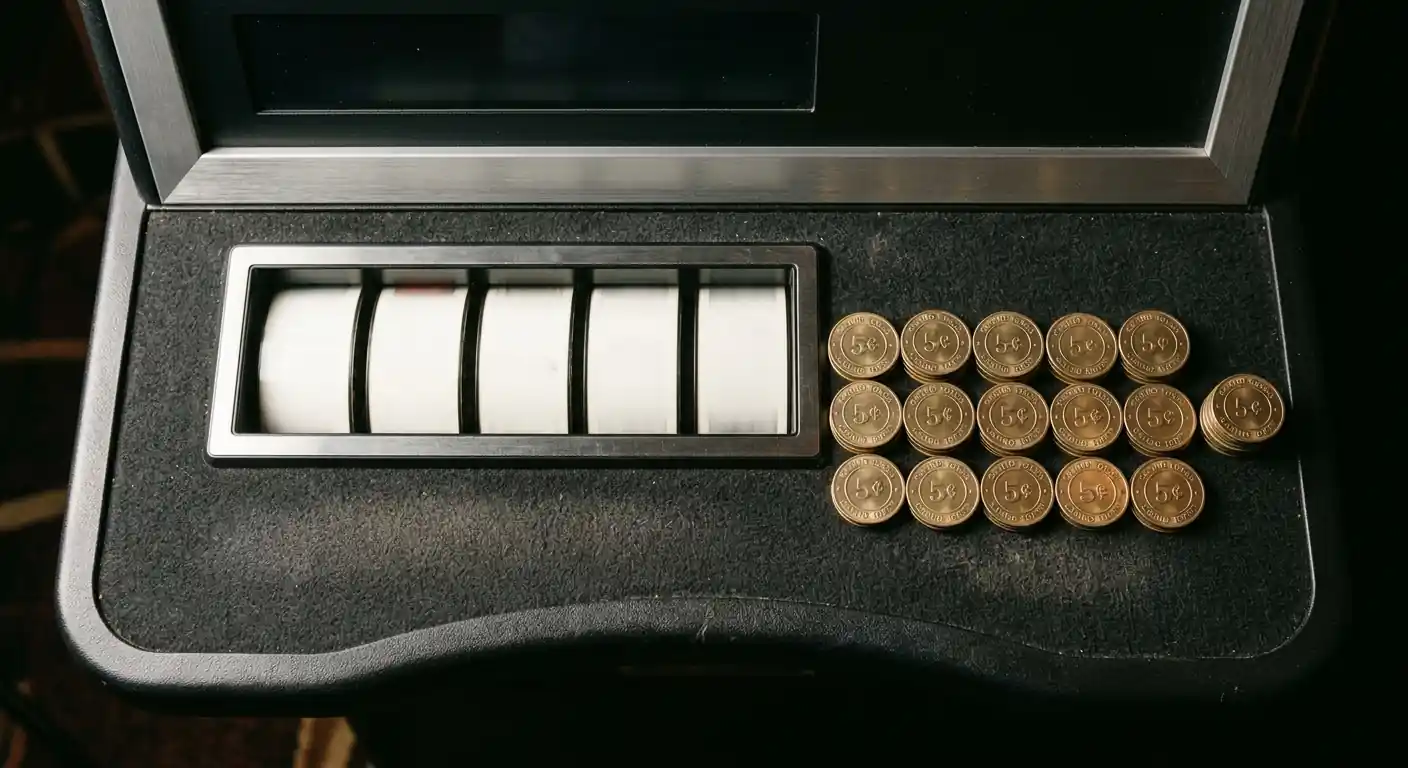 Spielautomaten-Walze mit fünf-Cent-Münzsymbolen auf neutraler Oberfläche