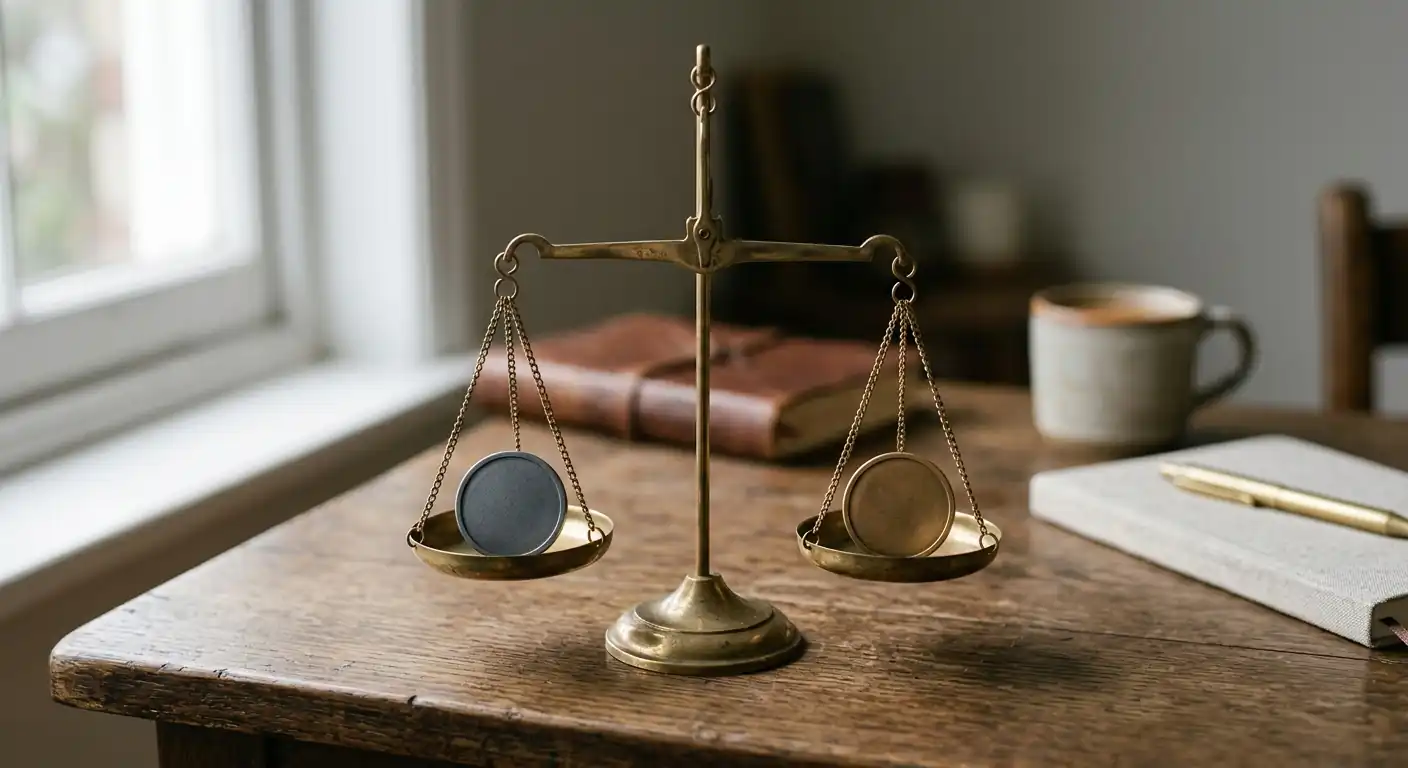 Waage mit zwei Spieltoken auf einem ruhigen Tisch als Symbol für den Bonusvergleich