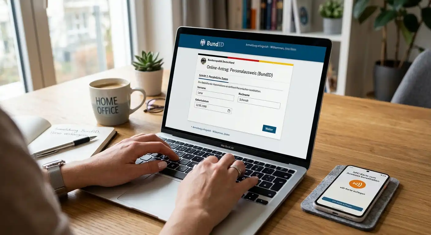 Person am Laptop füllt Online-Formular aus mit BundID-Symbol