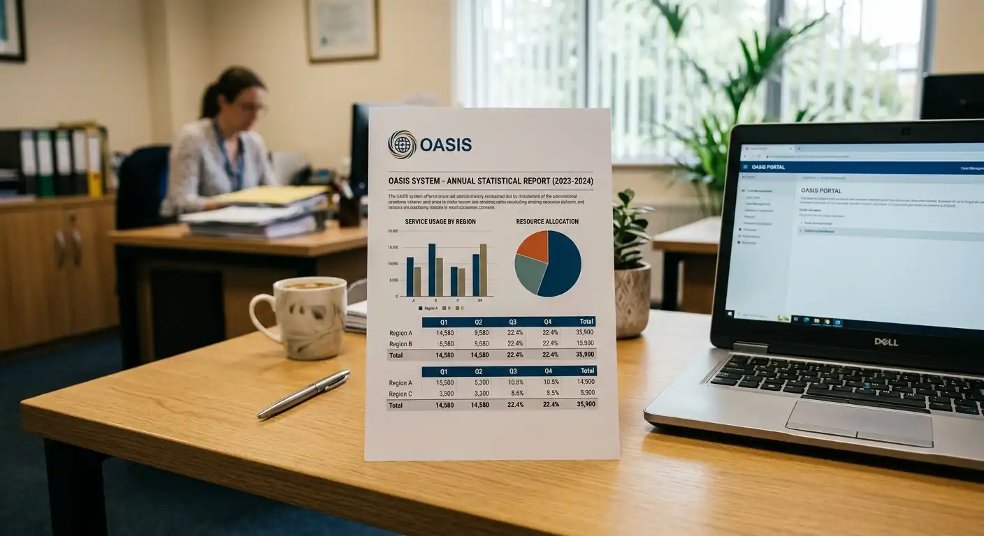 Offizielles Dokument mit OASIS-Logo und Sperrdatei-Statistik auf Schreibtisch, Laptop daneben