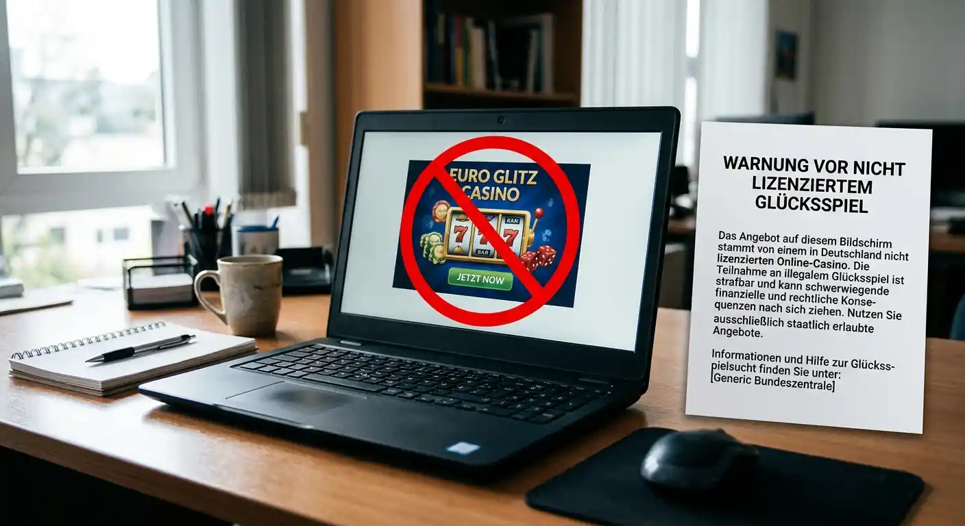 Offshore-Casino-Werbung auf Laptop-Bildschirm mit durchgestrichenem Symbol und Warnhinweis