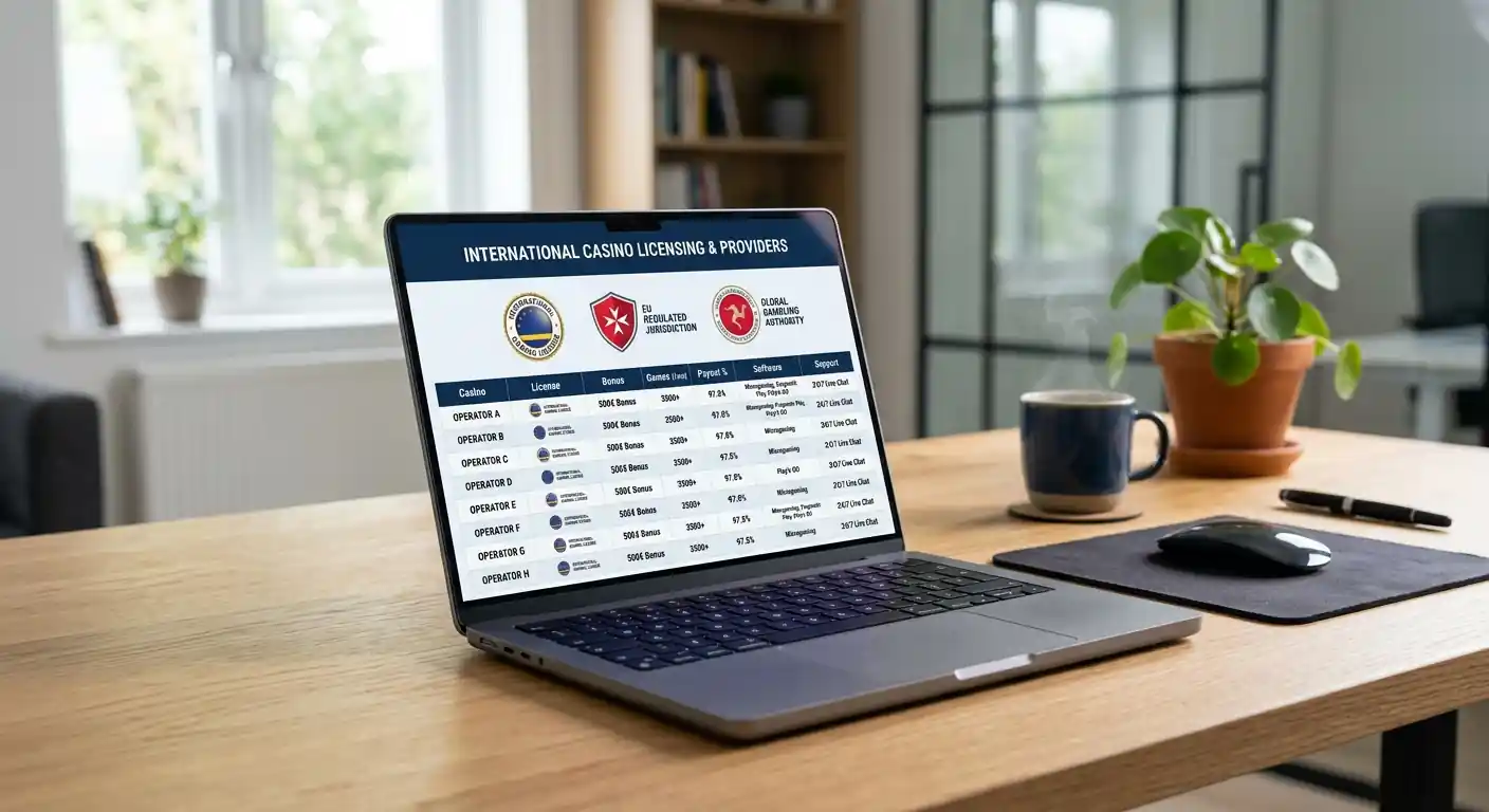 Laptop mit Offshore-Casino-Interface und internationalen Lizenzsiegeln