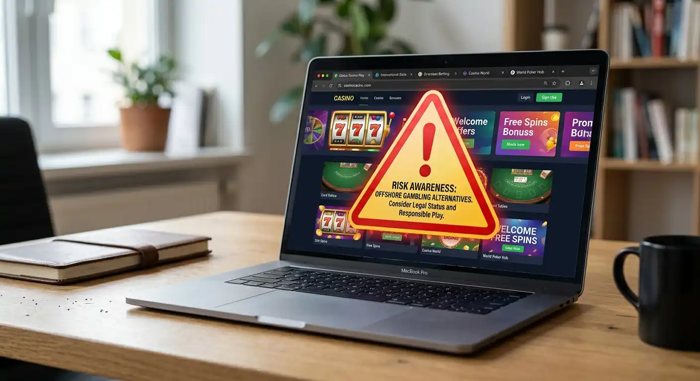 Laptop mit internationalen Casino-Seiten und Warnhinweis-Symbol