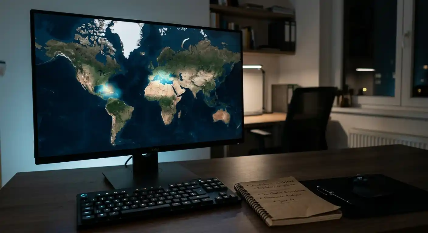 Weltkarte auf einem Monitor mit hervorgehobenen Jurisdiktionen Curaçao und Malta