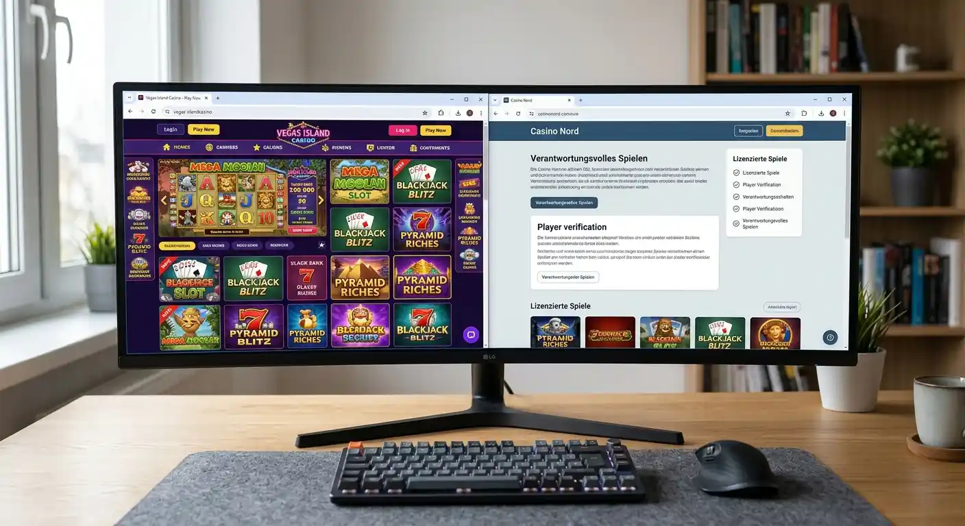 Zwei geöffnete Browser-Fenster mit Offshore- und GGL-Casino-Homepages im Vergleich