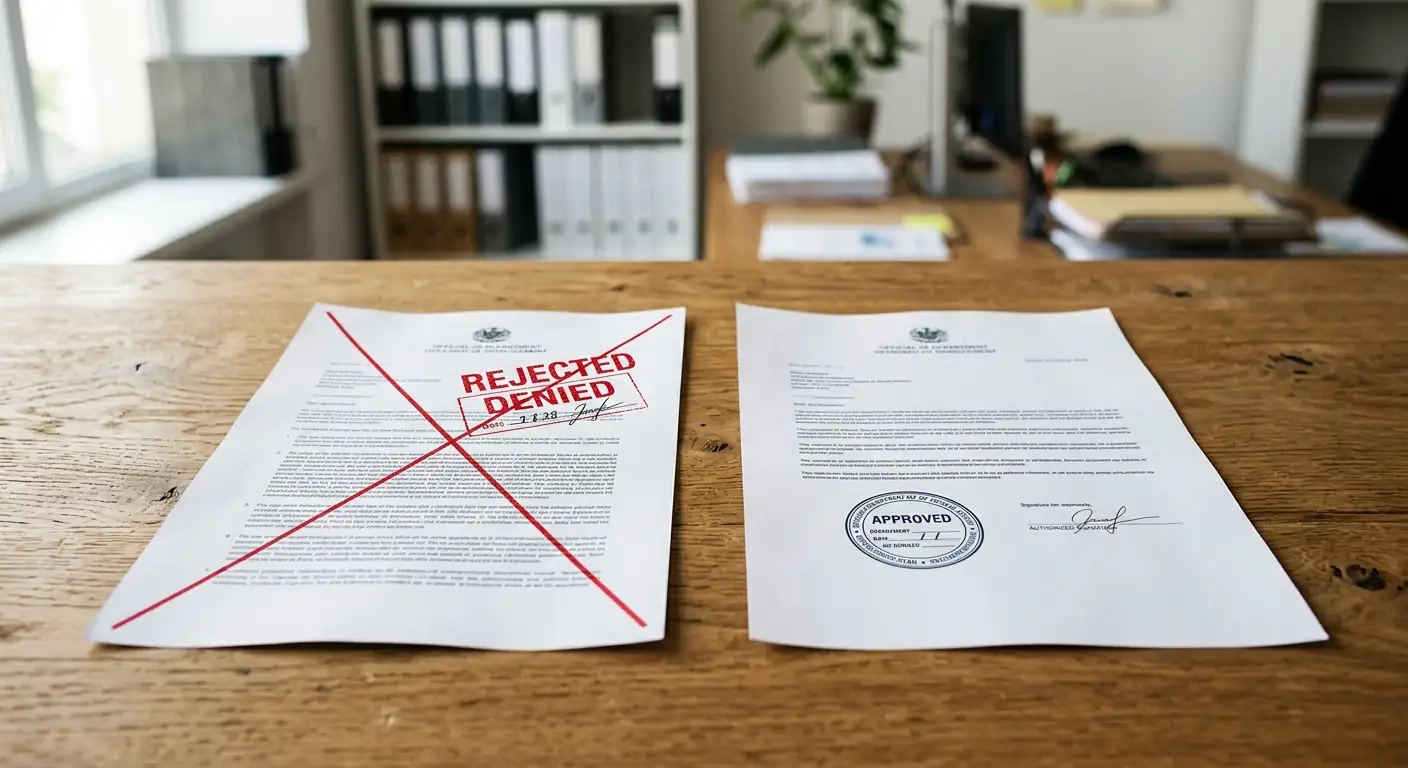 Gestempeltes Dokument mit durchgestrichener Zeile neben legalem Erlaubnisnachweis