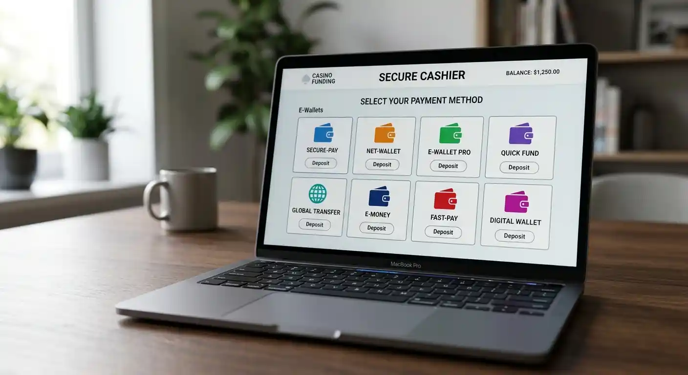 Laptop-Bildschirm mit geöffnetem Casino-Kassierer und verschiedenen E-Wallet-Optionen