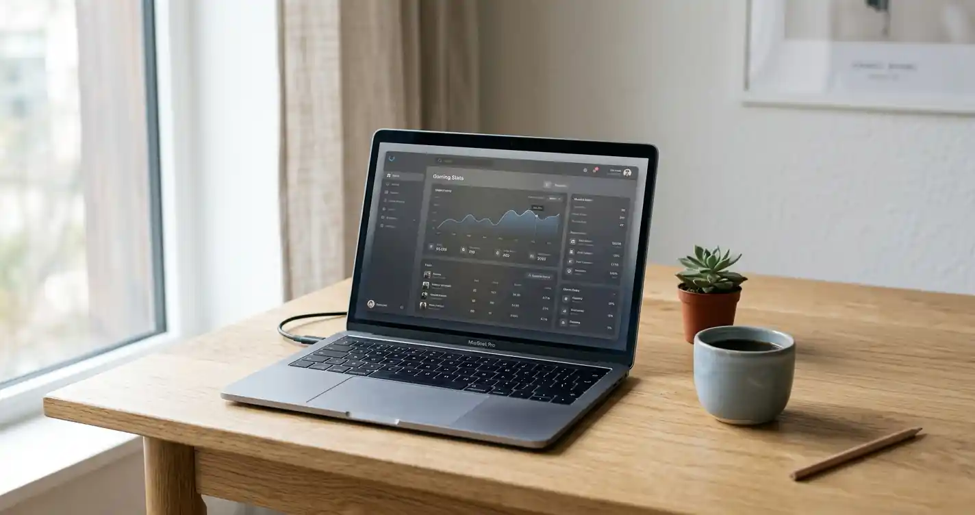 Laptop auf einem minimalistischen Schreibtisch mit neutraler Casino-Oberfläche und Kaffeetasse im Tageslicht