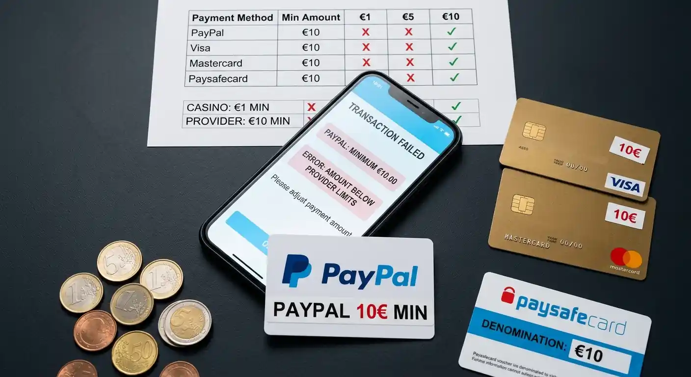 Smartphone-Bildschirm zeigt PayPal-Fehlermeldung bei Versuch einer 5-Euro-Einzahlung, daneben Tabelle mit Payment-Provider-Mindestbeträgen